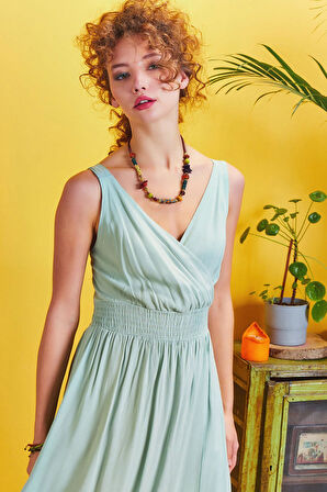 Kruvaze Yaka Etek Katlı Bohem Şık Elbise