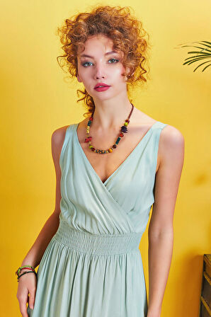 Kruvaze Yaka Etek Katlı Bohem Şık Elbise