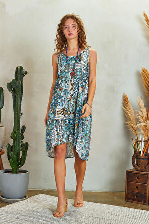 Kuş Gözü Sırt Detay Midi Patch Desenli Günlük Elbise