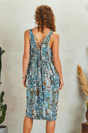 Kuş Gözü Sırt Detay Midi Patch Desenli Günlük Elbise