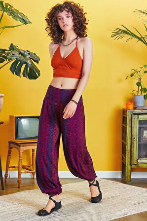 Etnik Desenli Beli Lastikli Salaş Şalvar Pantolon