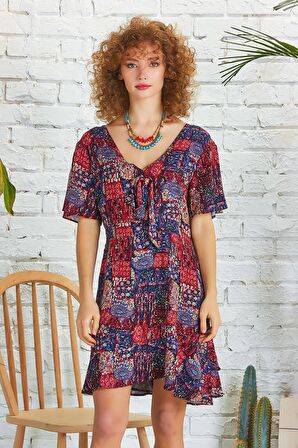 Pencere Detay Bağlamalı V Yaka Bohem Mini Elbise