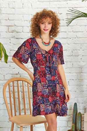 Pencere Detay Bağlamalı V Yaka Bohem Mini Elbise