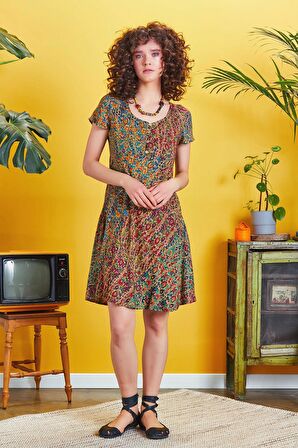 Önü Düğmeli Patchwork Kısa Kol Bohem Elbise