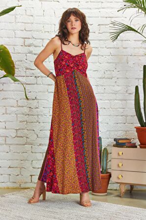 İnce Askılı Çiçekli Yazlık Uzun Patchwork Elbise