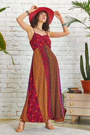 İnce Askılı Çiçekli Yazlık Uzun Patchwork Elbise