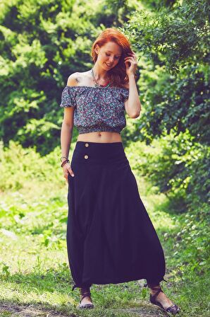 Doğal Düğmeli Cepli Kadın Şalvar Pantolon