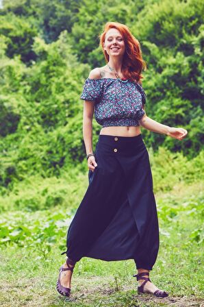 Doğal Düğmeli Cepli Kadın Şalvar Pantolon