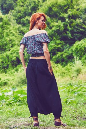 Doğal Düğmeli Cepli Kadın Şalvar Pantolon