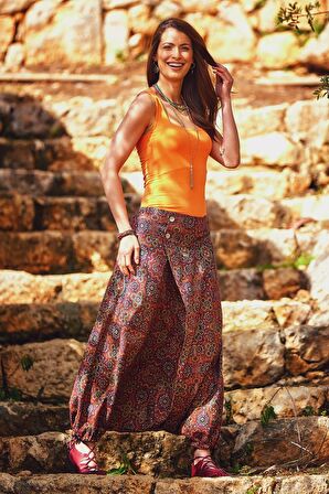 Doğal Düğmeli Cepli Kadın Şalvar Pantolon