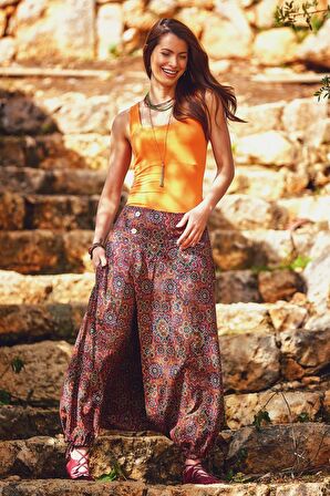 Doğal Düğmeli Cepli Kadın Şalvar Pantolon