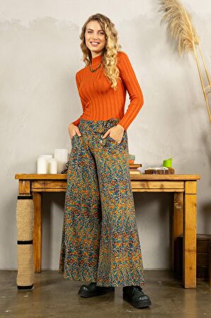 Pera Desen Düşük Bel Düğmeli Bol Paça Pantolon