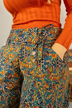 Pera Desen Düşük Bel Düğmeli Bol Paça Pantolon