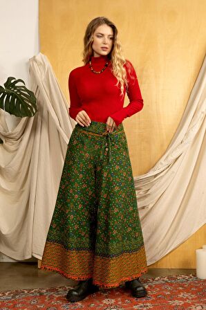 Düşük Bel Düğmeli Bol Paça Pantolon