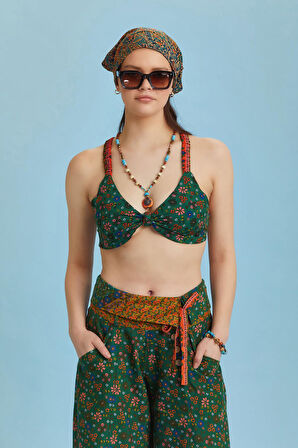 Bohem Stil Yeşil Çiçek Desen Bağlamalı Bralet Crop Bluz