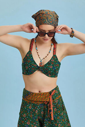Bohem Stil Yeşil Çiçek Desen Bağlamalı Bralet Crop Bluz