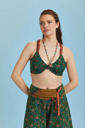 Bohem Stil Yeşil Çiçek Desen Bağlamalı Bralet Crop Bluz