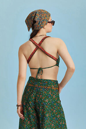 Bohem Stil Yeşil Çiçek Desen Bağlamalı Bralet Crop Bluz