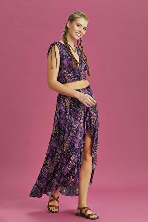 Derin Ön Yırtmaçlı Fırfırlı Desenli Çingene Etek