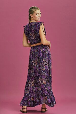 Derin Ön Yırtmaçlı Fırfırlı Desenli Çingene Etek