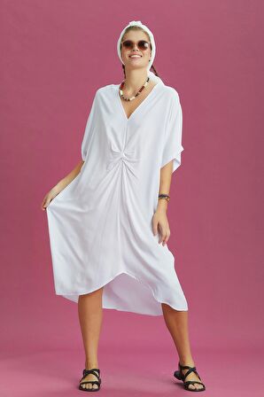 V Yaka Önü Düğümlü Beyaz Yarasa Kol Elbise
