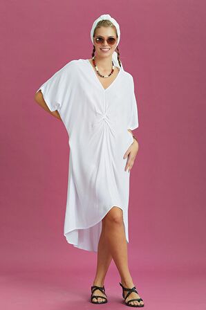 V Yaka Önü Düğümlü Beyaz Yarasa Kol Elbise