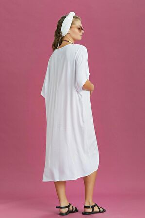 V Yaka Önü Düğümlü Beyaz Yarasa Kol Elbise