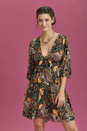 Önden Bağlamalı Yarım Kol Kısa Elbise