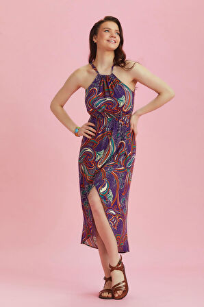 Önü Kısa Arkası Uzun Otantik Desenli Anvelop Elbise