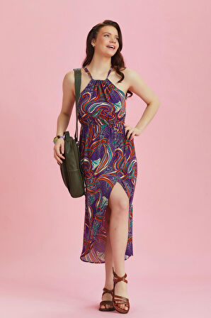 Önü Kısa Arkası Uzun Otantik Desenli Anvelop Elbise