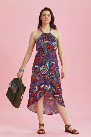 Önü Kısa Arkası Uzun Otantik Desenli Anvelop Elbise