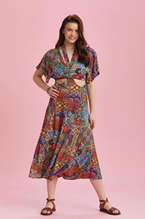 Sırt Pencereli Desenli Cut Out Bohem Elbise