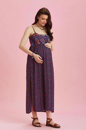 Askılı Yırtmaçlı Çiçekli Robadan Hamile Elbise