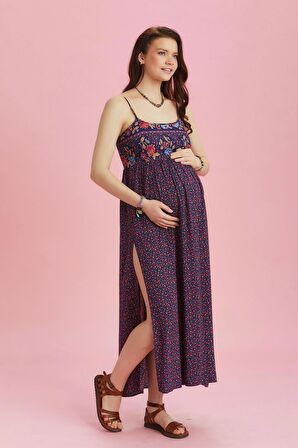 Askılı Yırtmaçlı Çiçekli Robadan Hamile Elbise