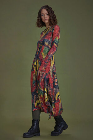 Kayık Yaka Parmak Geçmeli Kışlık Sarı Desenli Elbise