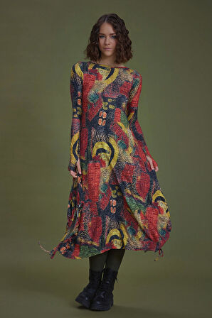 Kayık Yaka Parmak Geçmeli Kışlık Sarı Desenli Elbise