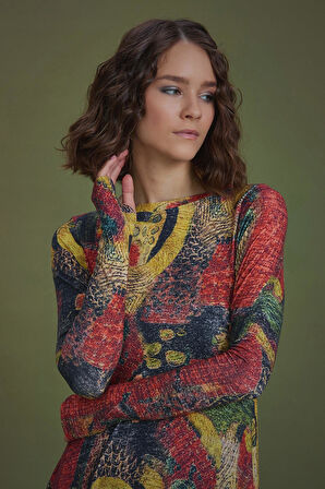 Kayık Yaka Parmak Geçmeli Kışlık Sarı Desenli Elbise