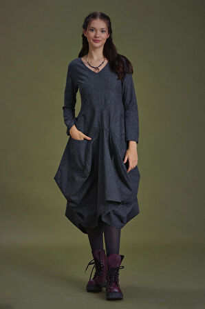 Derin V Yaka Uzun Kollu Balon Gri Elbise