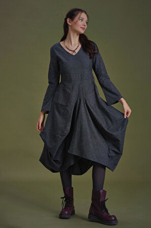 Derin V Yaka Uzun Kollu Balon Gri Elbise