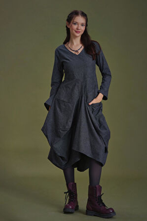 Derin V Yaka Uzun Kollu Balon Gri Elbise