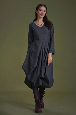 Derin V Yaka Uzun Kollu Balon Gri Elbise