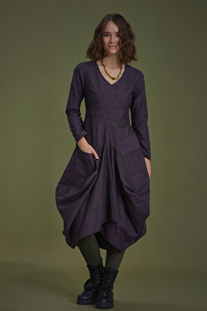 Derin V Yaka Uzun Kollu Balon Lila Elbise