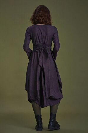 Derin V Yaka Uzun Kollu Balon Lila Elbise