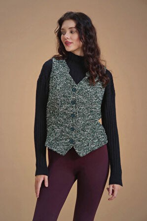 Bohem Tarz Kadın Yeşil Desenli Yelek