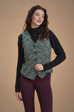 Bohem Tarz Kadın Yeşil Desenli Yelek