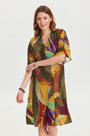 Düğme Detaylı V Yaka Yarım Kol Yazlık Elbise