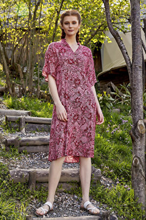 Düğme Detaylı V Yaka Yarım Kol Yazlık Elbise