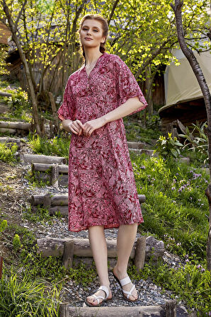 Düğme Detaylı V Yaka Yarım Kol Yazlık Elbise