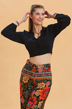 Gömlek Yaka Düğme Detaylı Crop Bluz