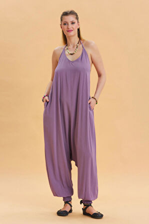 Boyundan Bağlamalı Pacası Lastikli Kadın Bohem Tulum